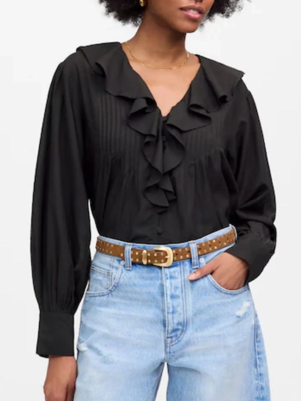 Madewell Ruffled Pintucked Long Puff Sleeve Blouse Black Lightweight 2025-S